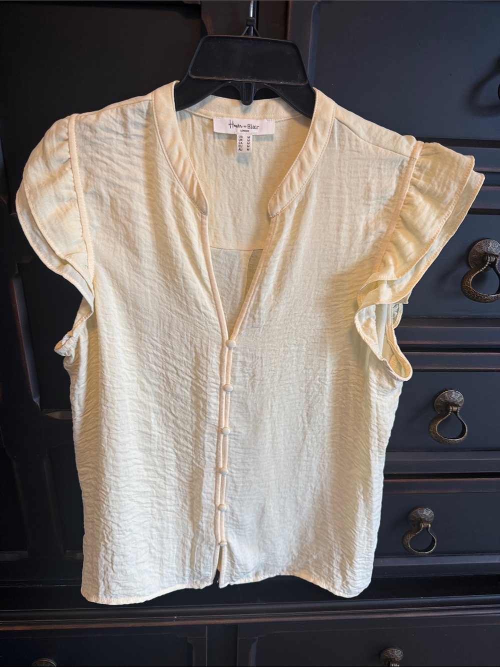 Haven + Harbor Pale Yellow Ruffle Cap-Sleeve Button Blouse